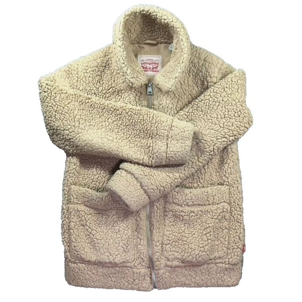 Vintage LEVIS Jacket Women XS‎ Faux Fur Beige All Over Sherpa Fleece Winter